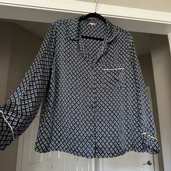 Eberjey Inez Washable Silk Printed Long PJ Pajama Top Size M Navy - Picture 2 of 11